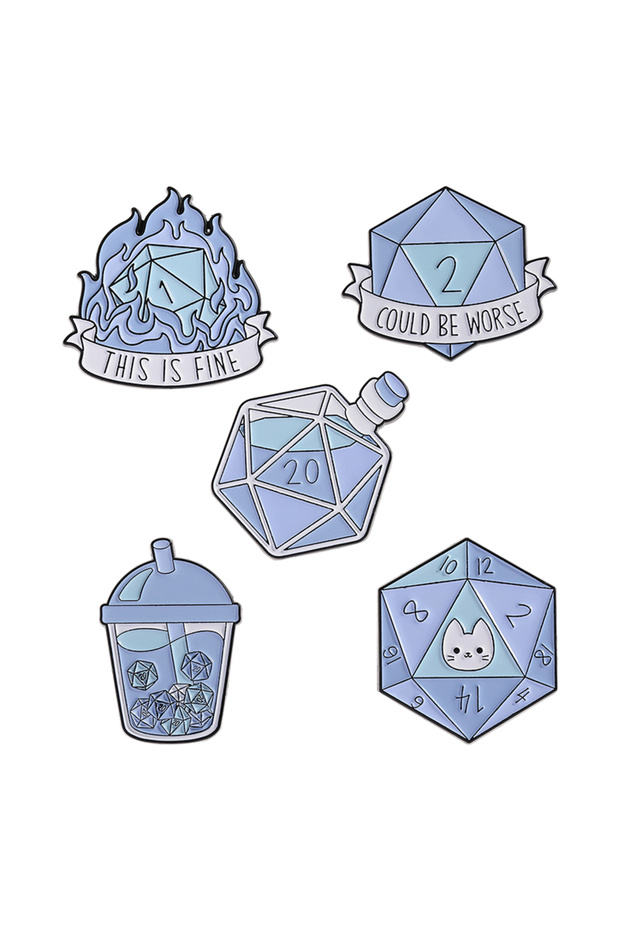 Set Funny D20 Dice Enamel Pin RPG Game Could Be Worse This Is Fine Flame Dice Brooches Lapel Badge J