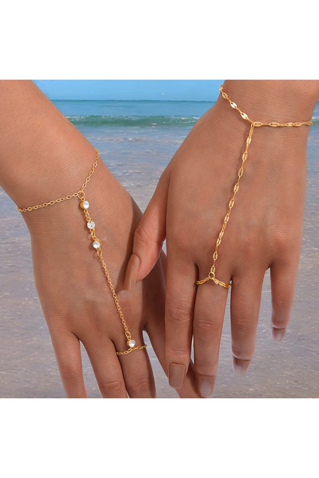 AYA6605501 2pcs Gold Color Hand Chain Bracelets Set for Women Boho Vintage Geometric Zircon Ring Bra