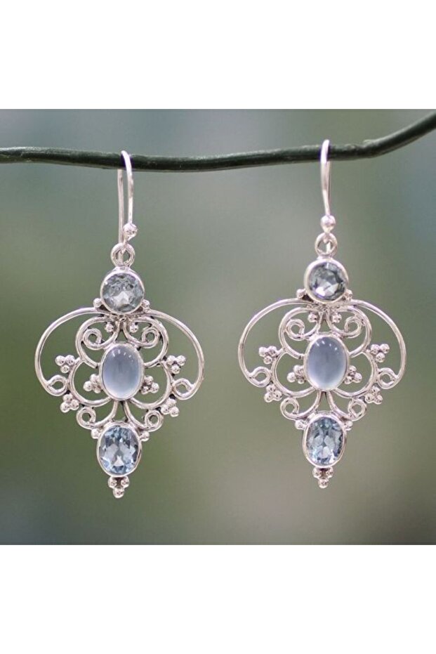 E277-Gray Silver Plated Dangle Earrings with Retro Hollow Flower Design and Waterish Gemstone Inlay