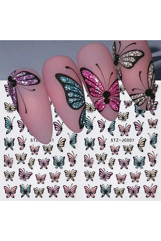 2pcs STZ-JC001 Glitter Butterfly Nail Stickers Decals Charm 3D Shiny Blue Pink Design Self Adhesive