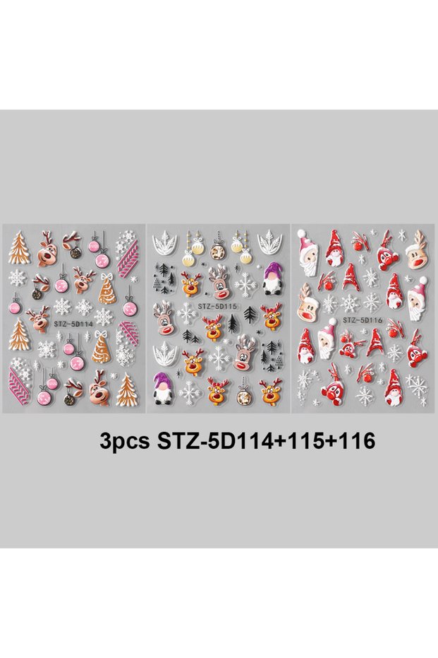3pcs STZ-5D114-116 5D Embossed Christmas Nail Stickers Cartoon Elk Santa Claus Snowflake Designs Sel
