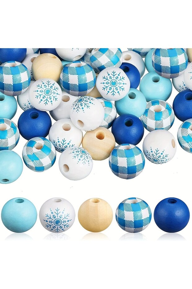50pcs beads 50pcs 16mm Snowflake Pattern Wooden Beads Round Plaid Wooden Beads DIY Craft Beads Home