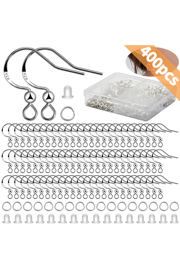 Silver Professional 925 Sterling Silver Earring Findings Kit W/ Fish Hooks, Jump Rings, Ear Stoppers
