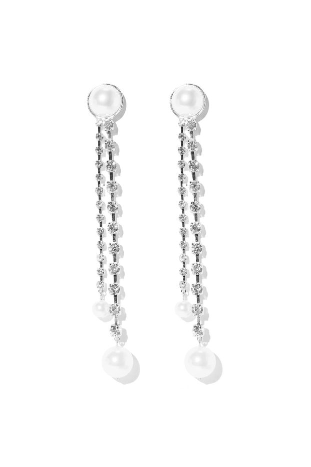 Silver Plated Elegant Pearl Long Tassel Earrings Bohemian for Women Wedding Accessories Fringe Rhine