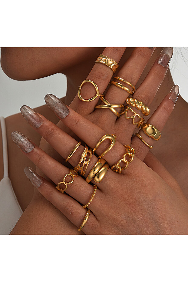 AYA6526701 16Pcs Irregular Geometric Adjustable Ring Set For Women Fashion Punk Knuckle Finger Ring