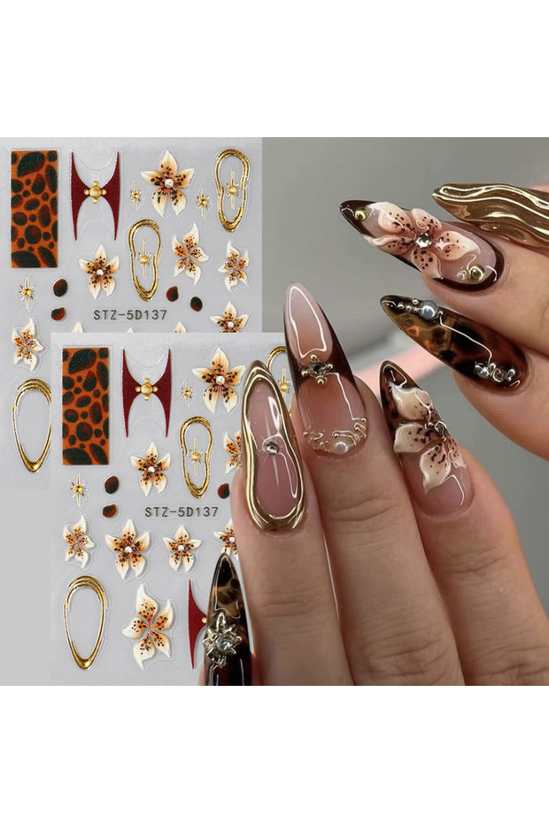 2 pcs STZ-5D137 2 pcs 5D Embossed Brown Fairy Orchid Flower Nail Stickers Golden Bronzing Lines Star
