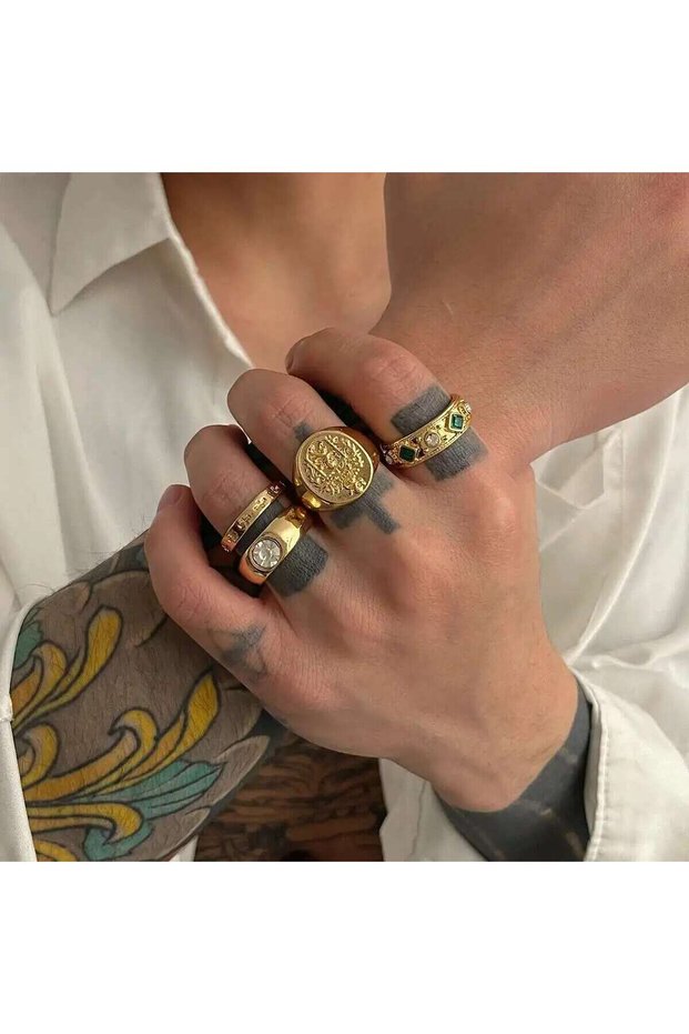 Gold Color IngeSight.Z 4Pcs/Set Rhinestone Open Adjustable Rings Finger Men Punk Gold Color Geometri
