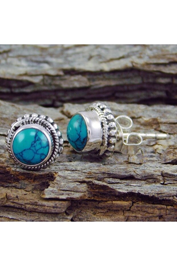E633-1 Bohemian Round Turquoise Stone Small Stud Earring for Women Retro Ethnic Earrings Female Wedd