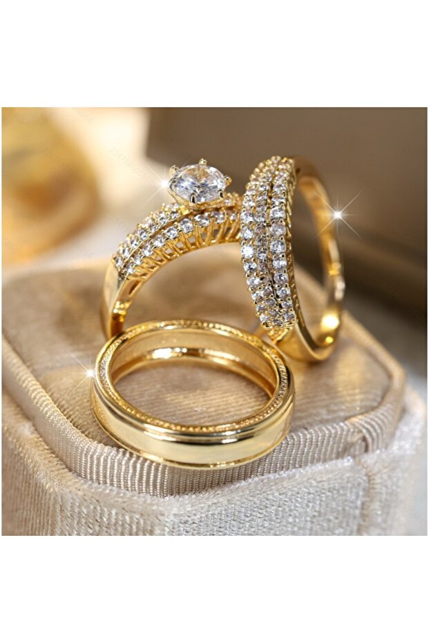 ZF4107-1 7 Luxury Crystal Female Zircon Round Stone Rings Set Vintage Gold Color Bridal Engagement W