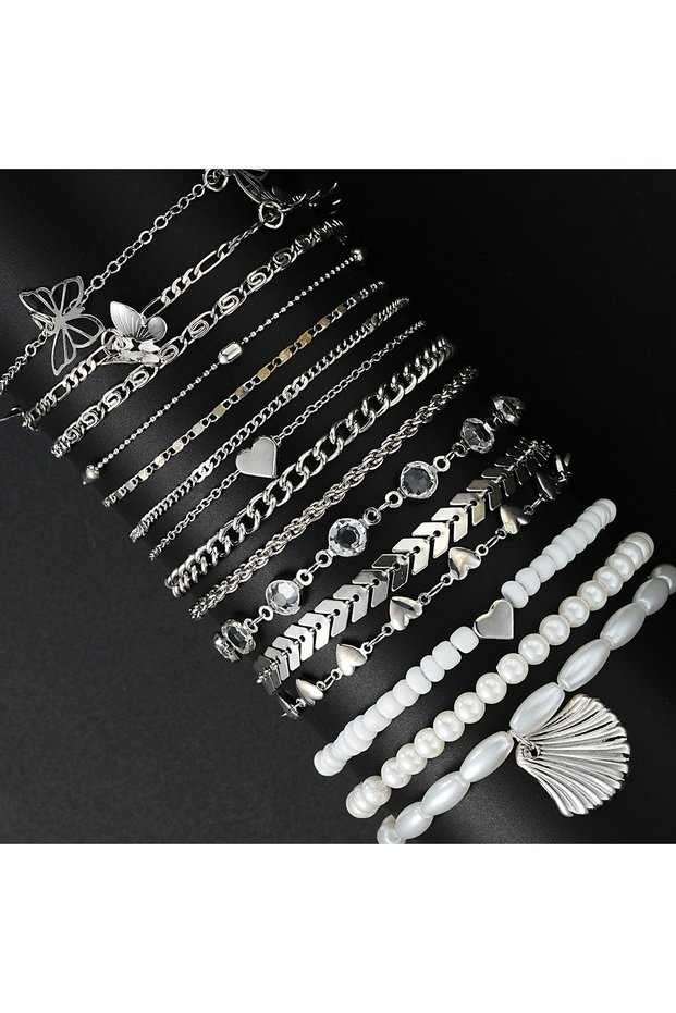 AYA6225602 15 Pcs Bohemian Heart Bead Chain Anklet Set for Women Summer Beach Minimalist Crystal Pea