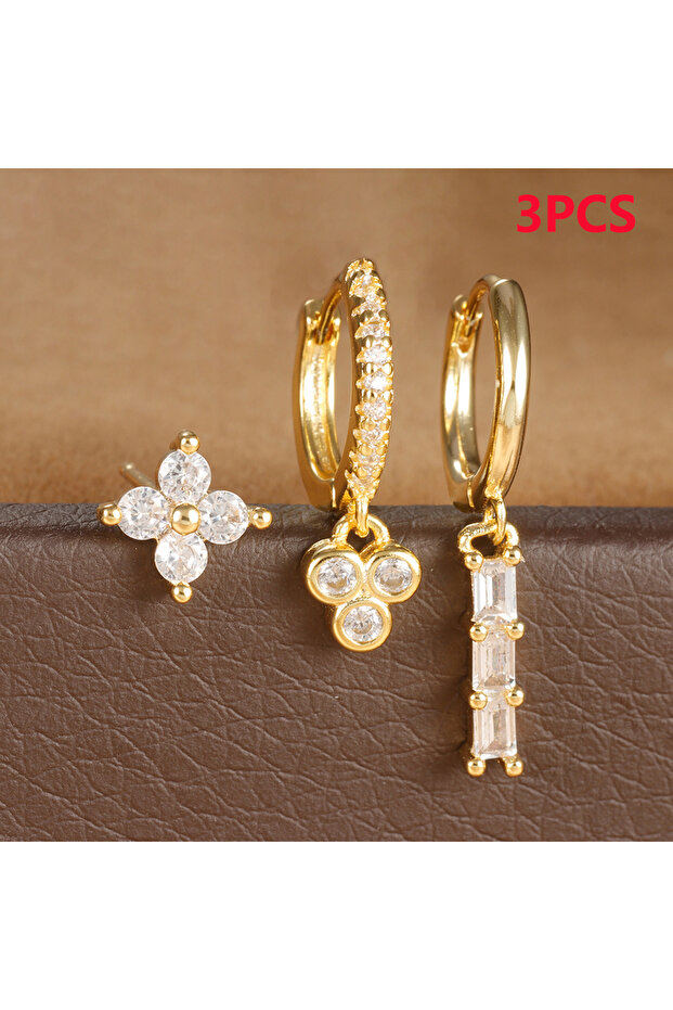 Gold-White-3pcs 3PCS Stainless Steel Multicolor Crystal Hoop Earrings Set For Women Zircon 18K Gold