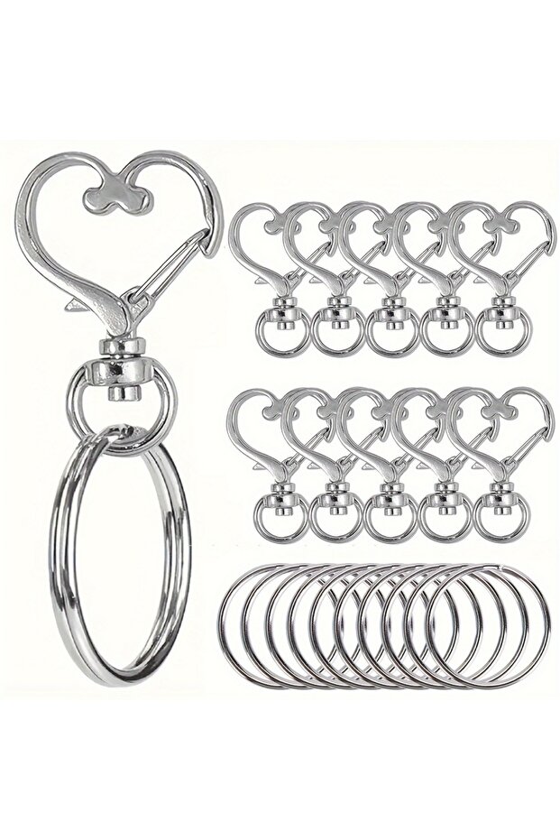 silver color 20pcs Keychain 10pcs Heart Shaped Swivel Snap Hooks 10pcs Key Ring Keychains Suitable f