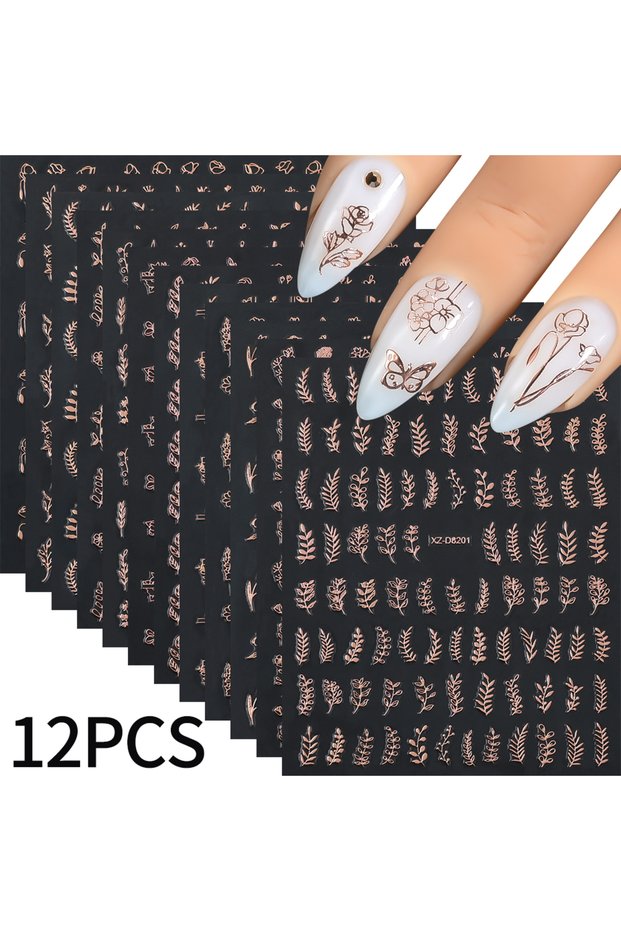 rose gold 12Pcs 3D Gold Exquisite Flower Leaf Nail Art Stickers Metallic Floral Leaves Self-Adhesive