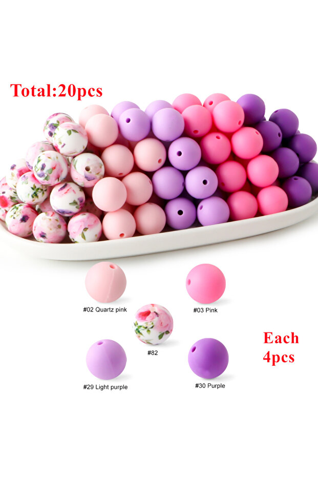 La24-17 20Pcs/Set 15MM Round Silicone Beads Mix Printed Beads Kits For Jewelry Making DIY KeyChain P