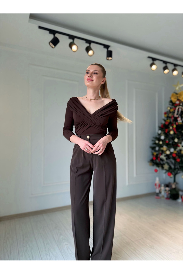 Omuz Drapeli Bluz - Acı Kahve - 8