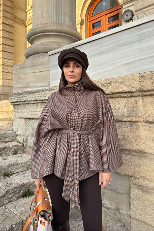 Houndstooth Pattern Poncho - Brown - 3