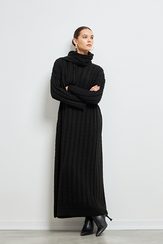 Scarf Detail Soft Knitted Tricot Dress Black
