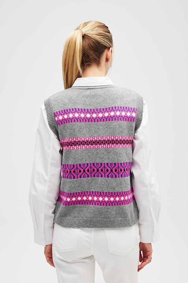 Simone Kadın Jakarlı Triko - Gri Melanj Multi - 7