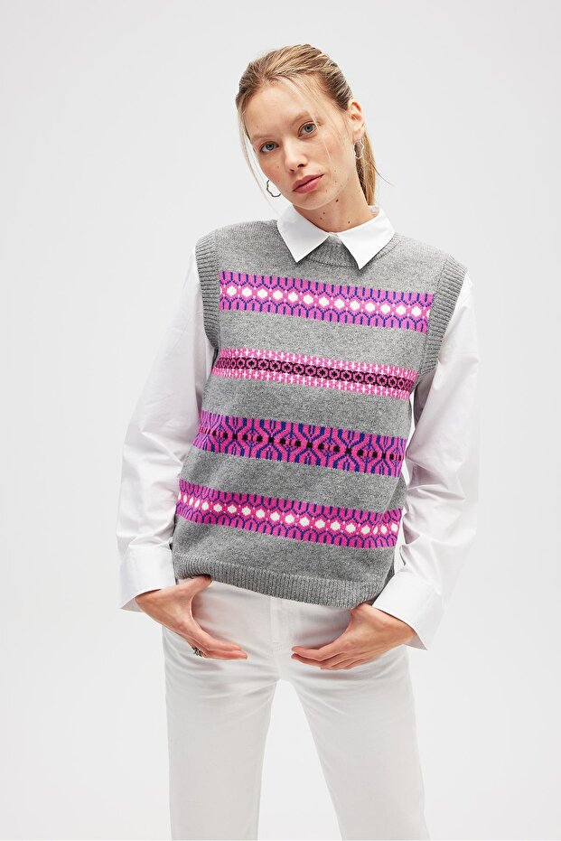 Simone Kadın Jakarlı Triko - Gri Melanj Multi - 2