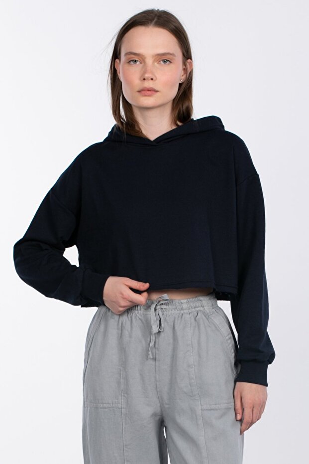 Hooded crop sweatshirt - navy blue