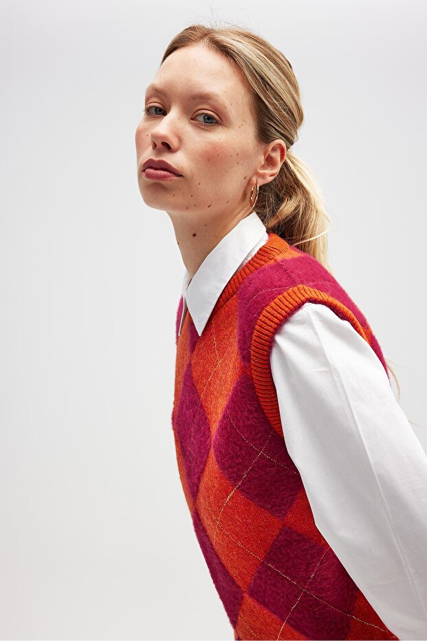 Baklavalı Kadın Triko - Turuncu Multi - 6