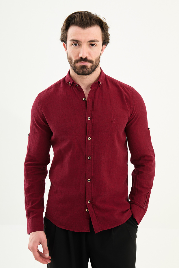 Plain Slim Fit Basic Linen Men's Shirt Claret Red - 37356.21Y