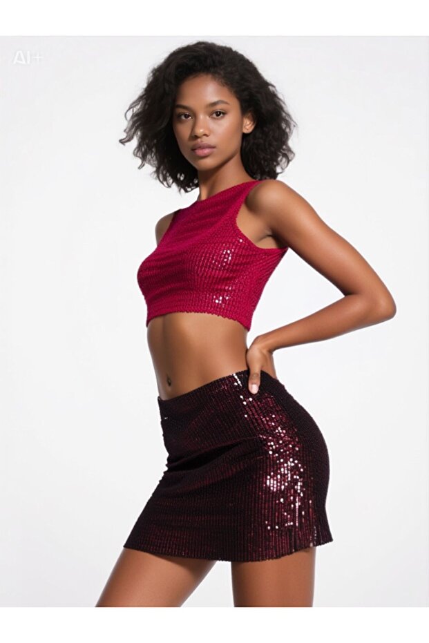 Kadife Kumaşlı Pullu Payetli Mini Etek - 1