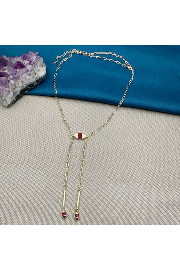 Gold Color Stone Paperclip Chain Dangle Long Necklace