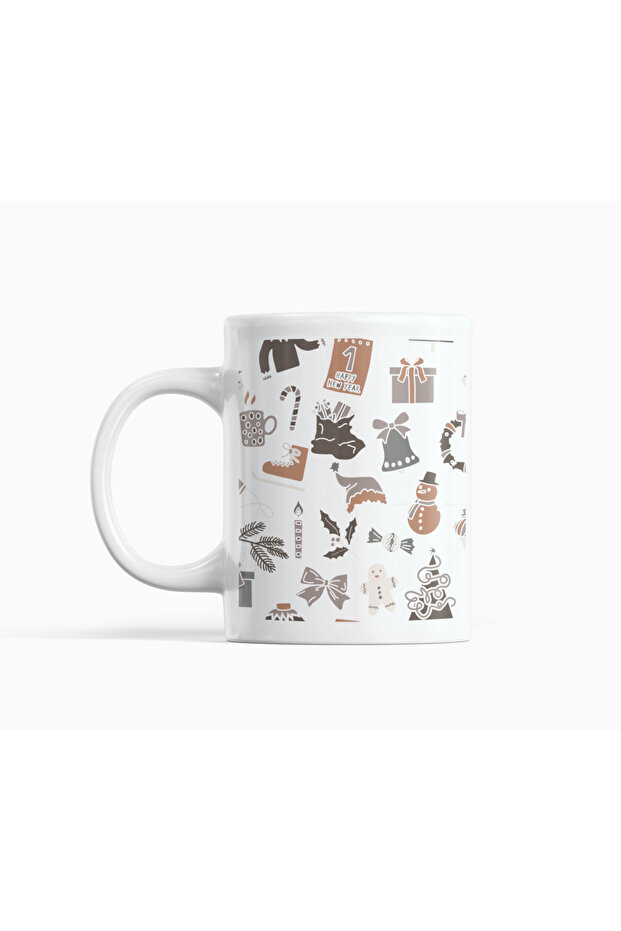 New Year Themed Minimal Winter Patterned Porcelain Mug 300 ml – Double-Sided Printing