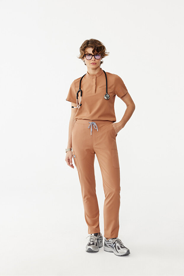 Cosmos Camel Hakim Yaka Stretch Fabric Nurse and Doctor Uniform Set Scrubs Hospital Uniform