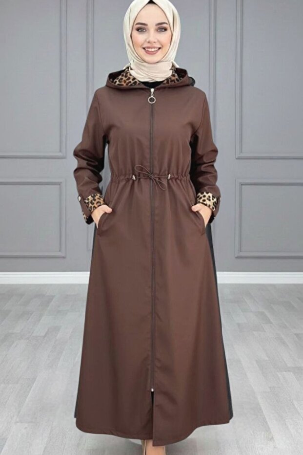 Jade Trench Jeans Bondit Fabric Women's Brown Hooded Trench with Leopard Pattern Lining and Waist Tie