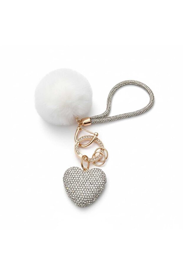 Luxury Heart and Plush Pompon Keychain: Sparkling Elegance
