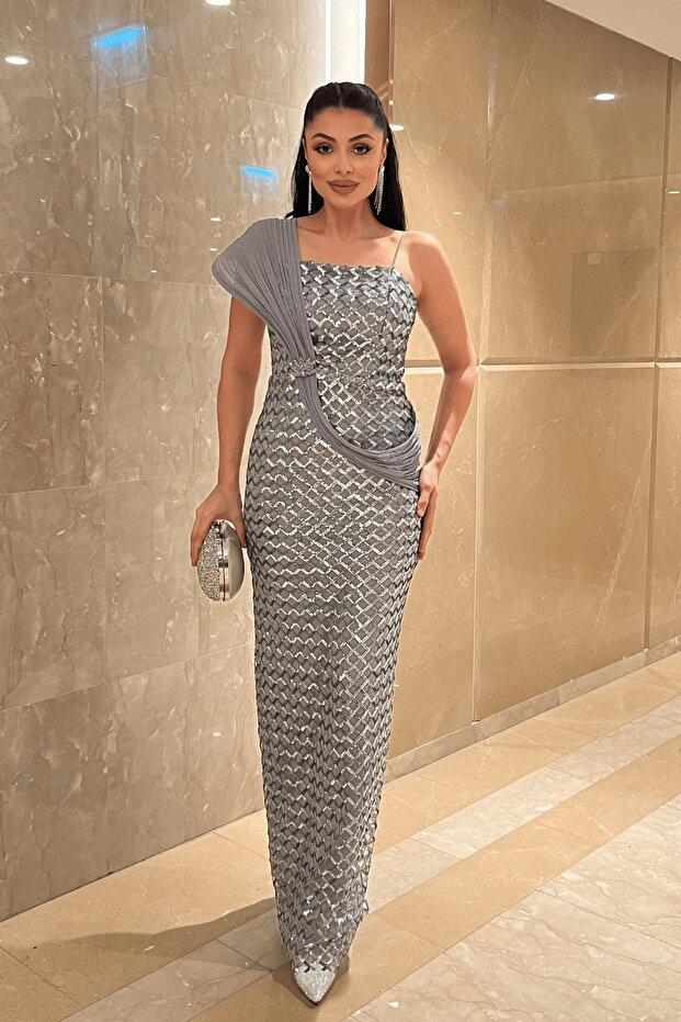 Sequin Fabric Shawl Detail Evening Dress - SILVER