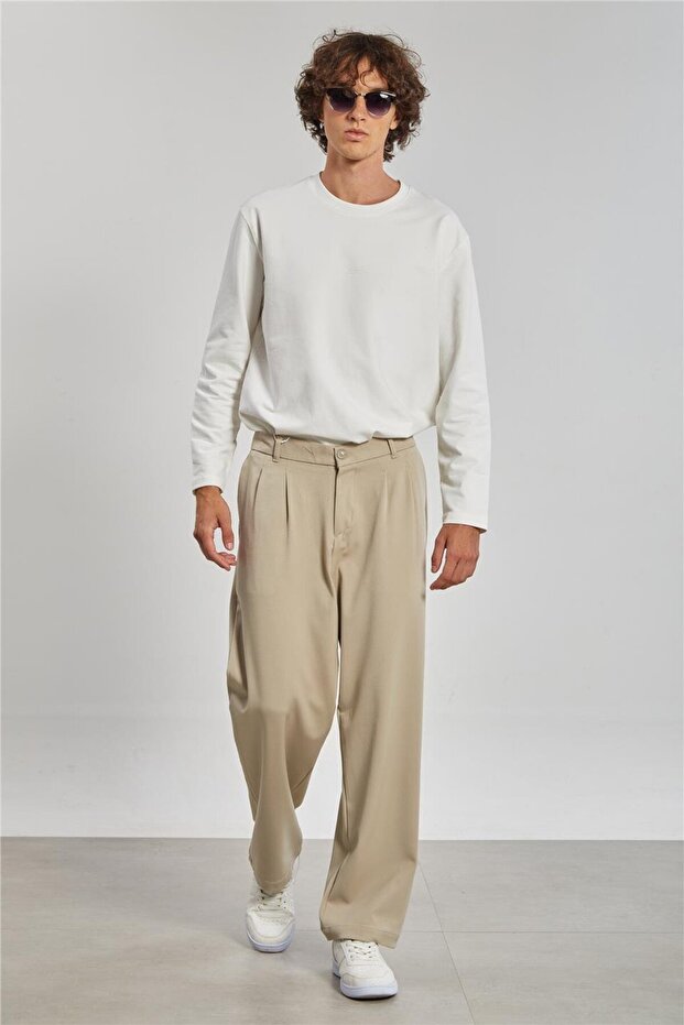Men's Trousers with Pleated Detail on the Front - Stone