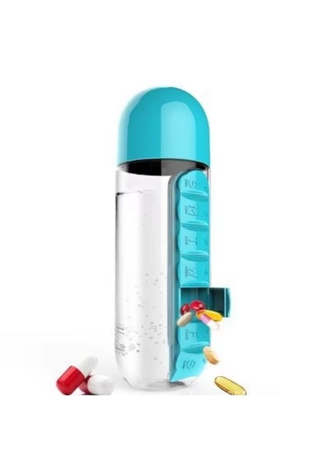 Blue water bottle Portable Water Bottle with Built-in Pill Box for Medicines, Vitamins, Perfect for