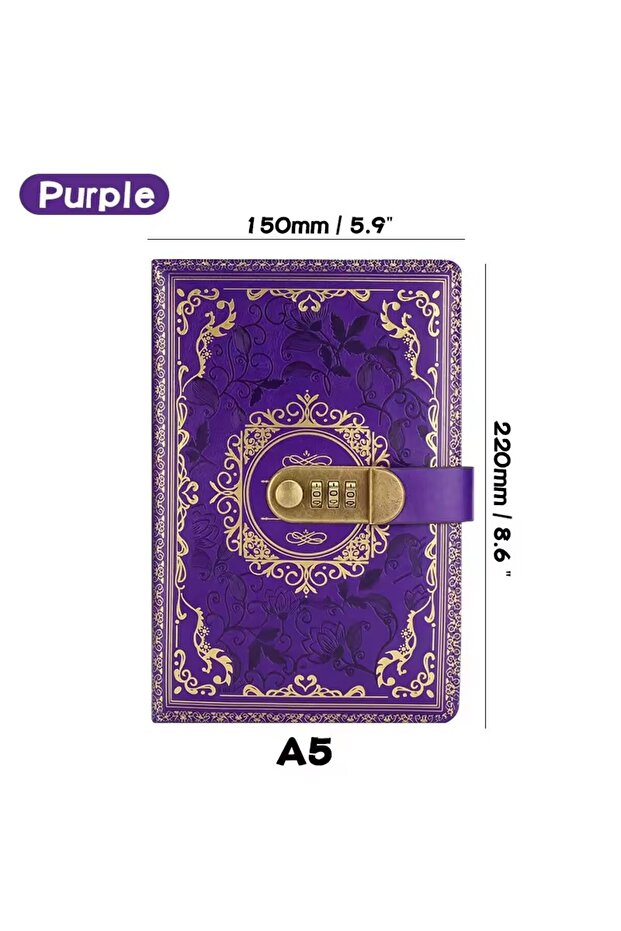 Purple Retro Digital Password Notebook Journal With Lock A5,Diary Perfect for Men and Women-PU Leath