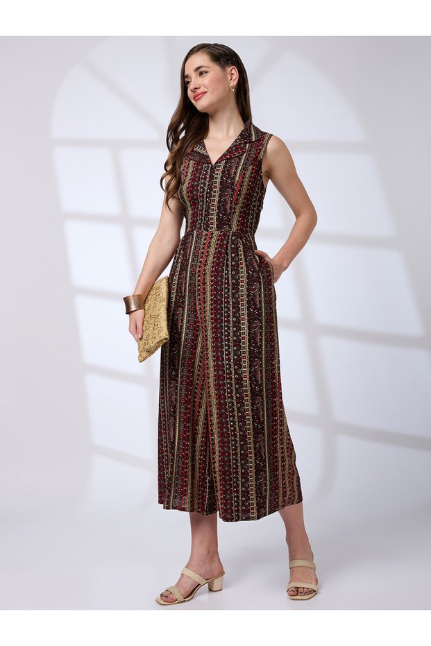 Women Lapel Collar Waist Tie-Up Fusion Jumpsuit