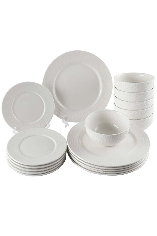 Noon East 18 Piece Porcelain Dinnerware Embossed Set, 6x27cm Dinner Plates, 6x19cm Side Plates, 6x13.8cm Bowls | Dishwasher and Microwave Safe | White
