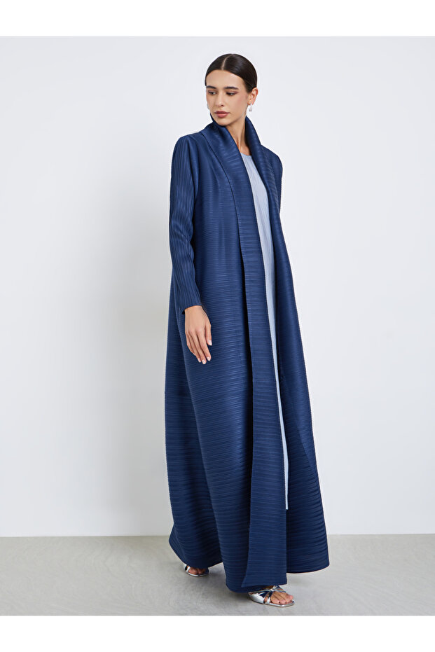 Solid Textured Pleated Belted Long Sleeve Abaya