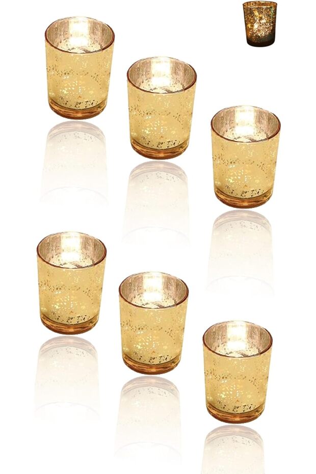Gold Glass Candle Holders Set of 6 - Speckled Mercury Tea Light Holders