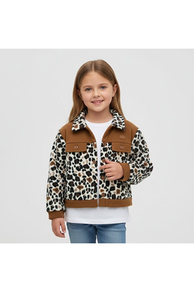 Girl's Fleece Fabric Leopard Printed Winter New Season Buttoned Jacket 5-14 Years