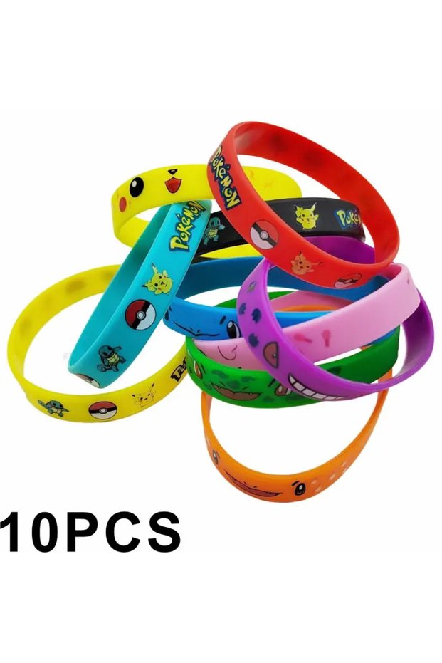10PCS Pokemon Bracelet Pikachu Charmander Squirtle, Anime Cartoon Figure Silicone Wristband for Kids