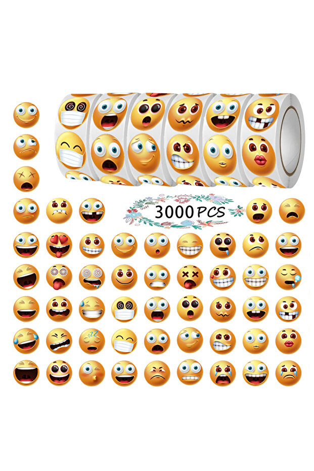 YELLOW 3000 Pcs Round Happy Face Expression Stickers, 0.67 Inch Diameter, Paper, Self-Adhesive, Reus