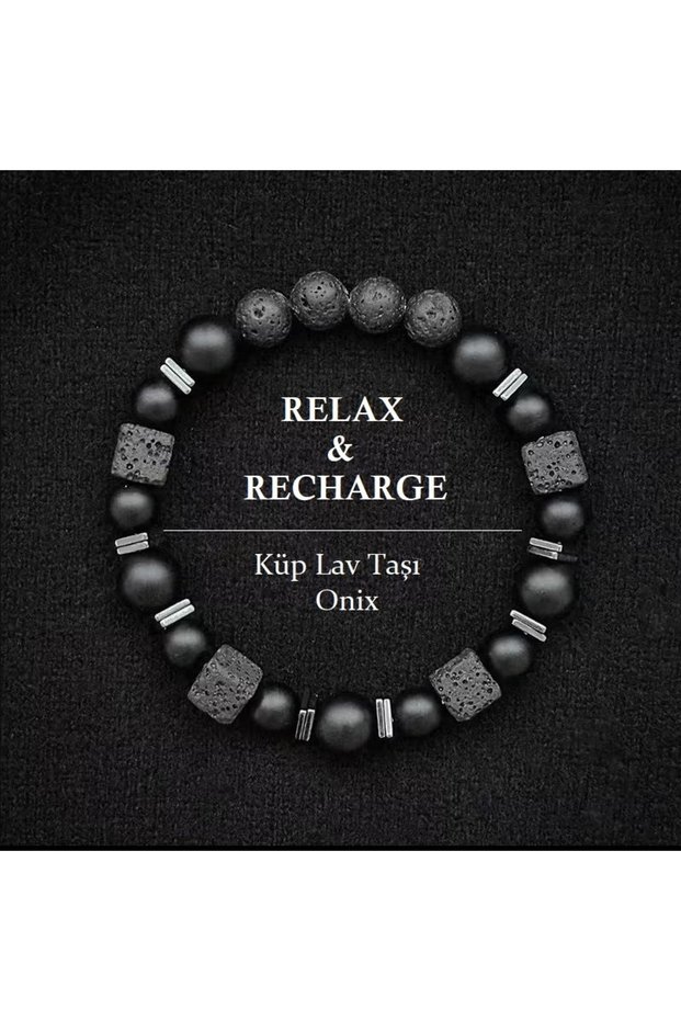 Cube Lava Stone and Matte Onyx Natural Stone Men's Bracelet | Black Minimal Design | Gift Boxed