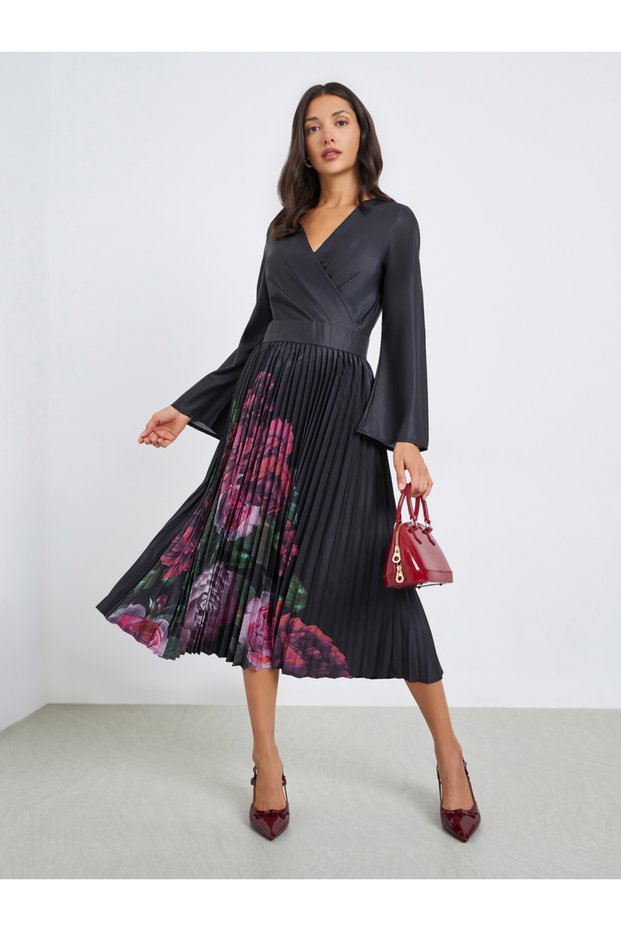 Women Black Floral Print Long Sleeve Midi Dress