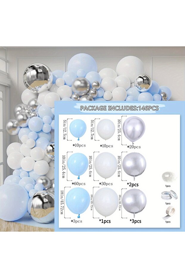 Other MULTI 142pcs Blue White Silver Balloon Arch Set, Suitable for Twinkle Little Star Party, Birth