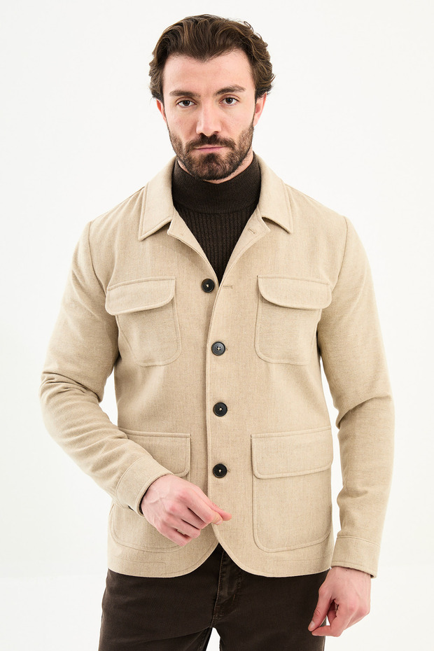 Kırçıllı Slim Fit Shirt Collar Buttoned Flap Pocket Men's Trenchcoat Beige - 21337.25K