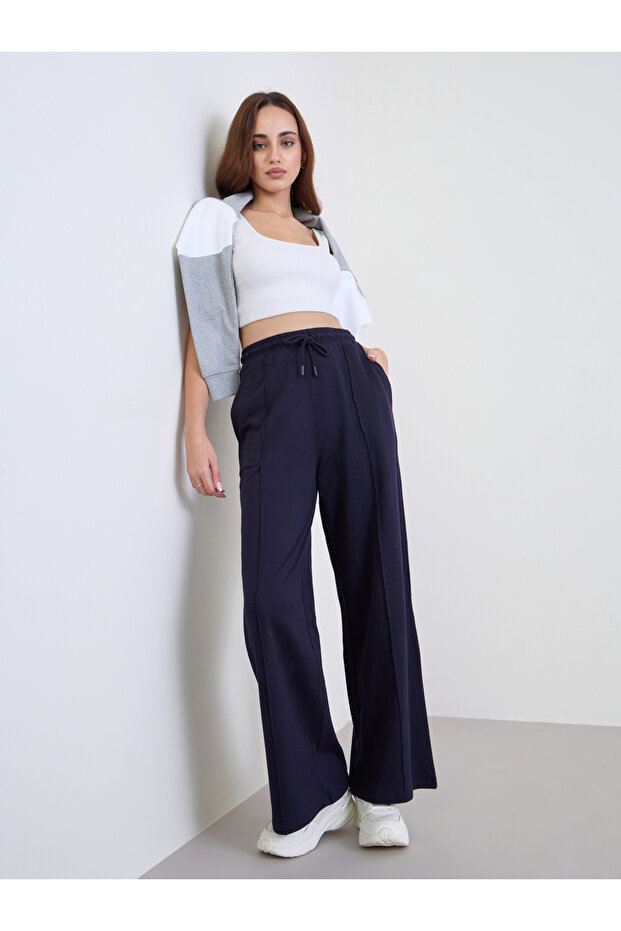 Women Navy Blue Wide Leg Joggers