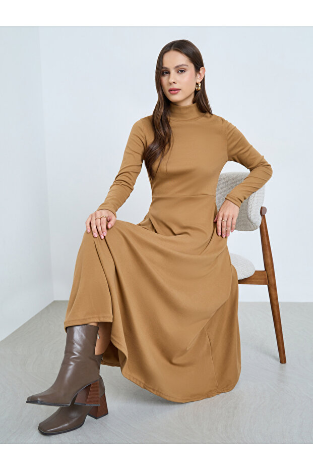 Beige High Neck Long Sleeve A-Line Midi Dress