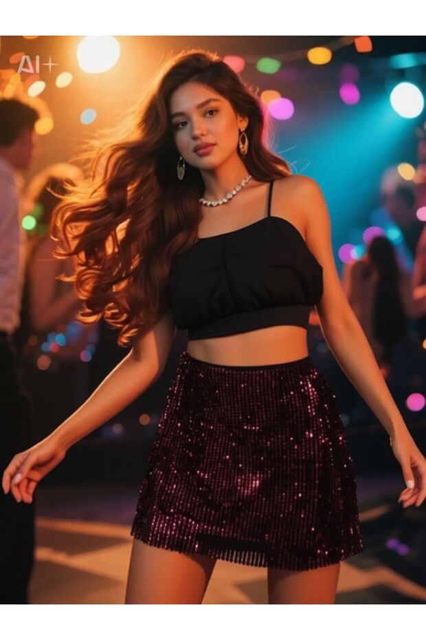 KADİFE KUMAŞLI PAYETLİ PULLU MİNİ ETEK - 2